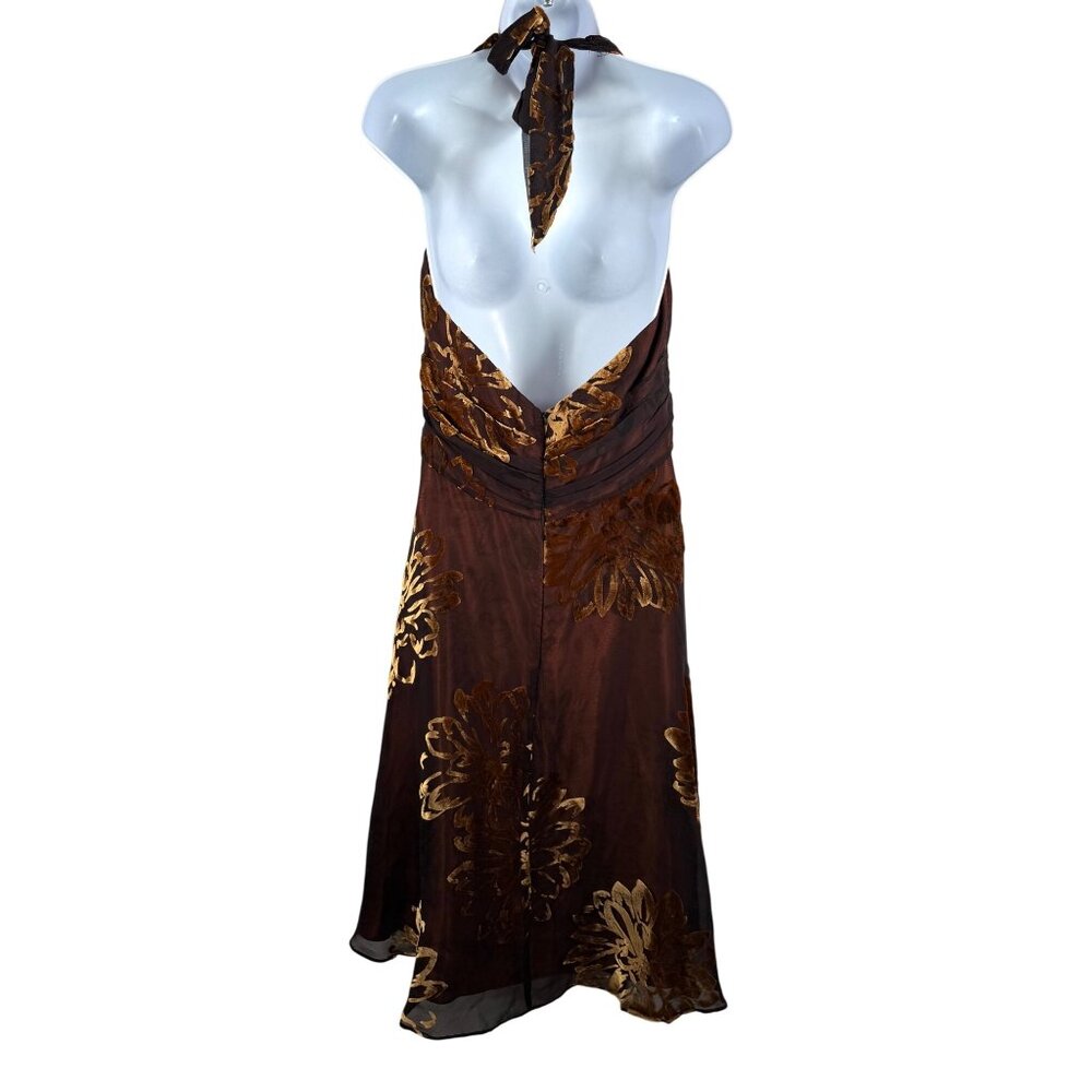 VTG Signature By Robbie Bee brown Floral Halter Dress 12 Silk Blend whimsy goth‎ - Picture 3 of 10